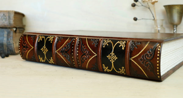 Antiqued leather journal, brown red leather, Gold tooled decoration. Once Upon a Time