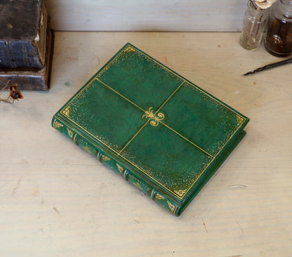 Green Leather Journal with gold tooled decoration and Gilded Edges. The Gilded Garden