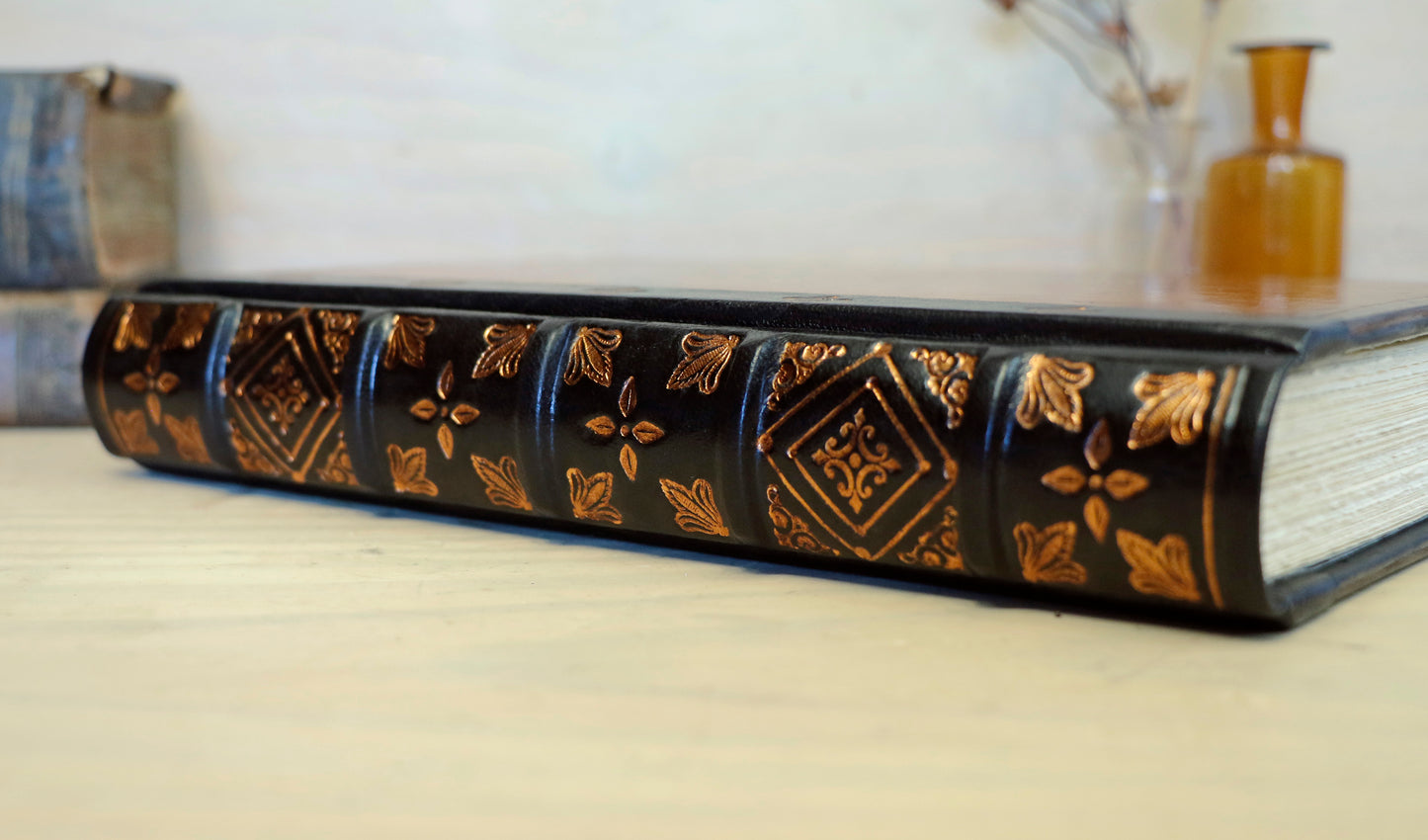 Antiqued leather journal, brown leather, Gold tooled decoration. Once Upon a Time