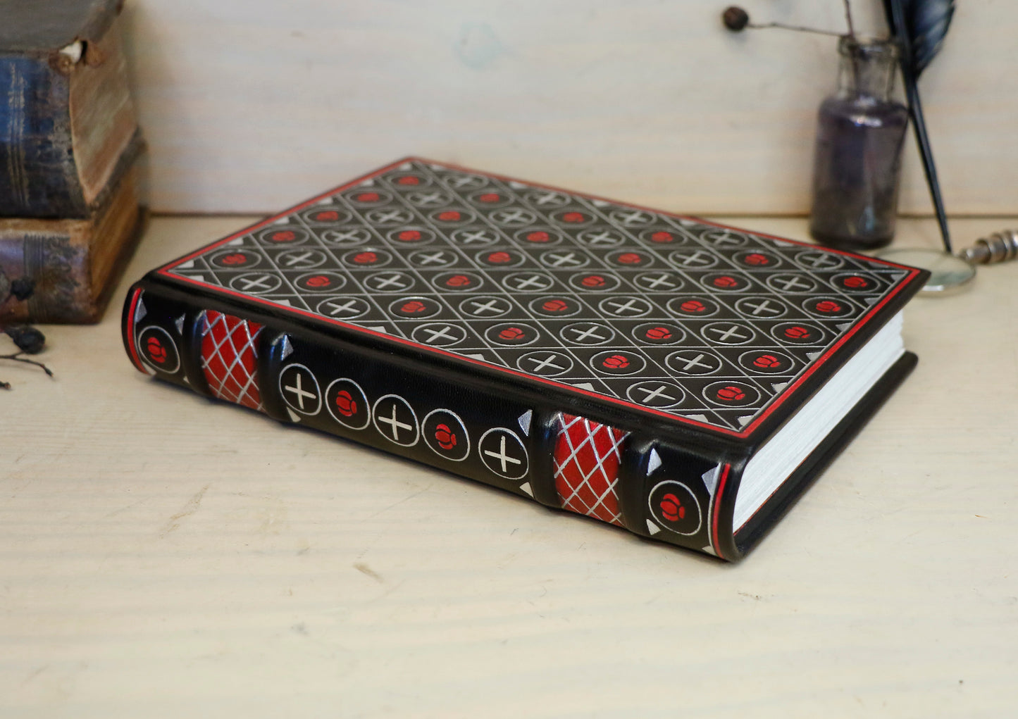 Black Leather Journal with silver and red tooled decoration - The Black Reliquary