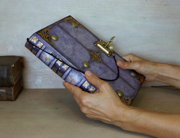 Leather Journal with Lock and Key, Romantic diary, Gold decoration, "Purple Dreams"