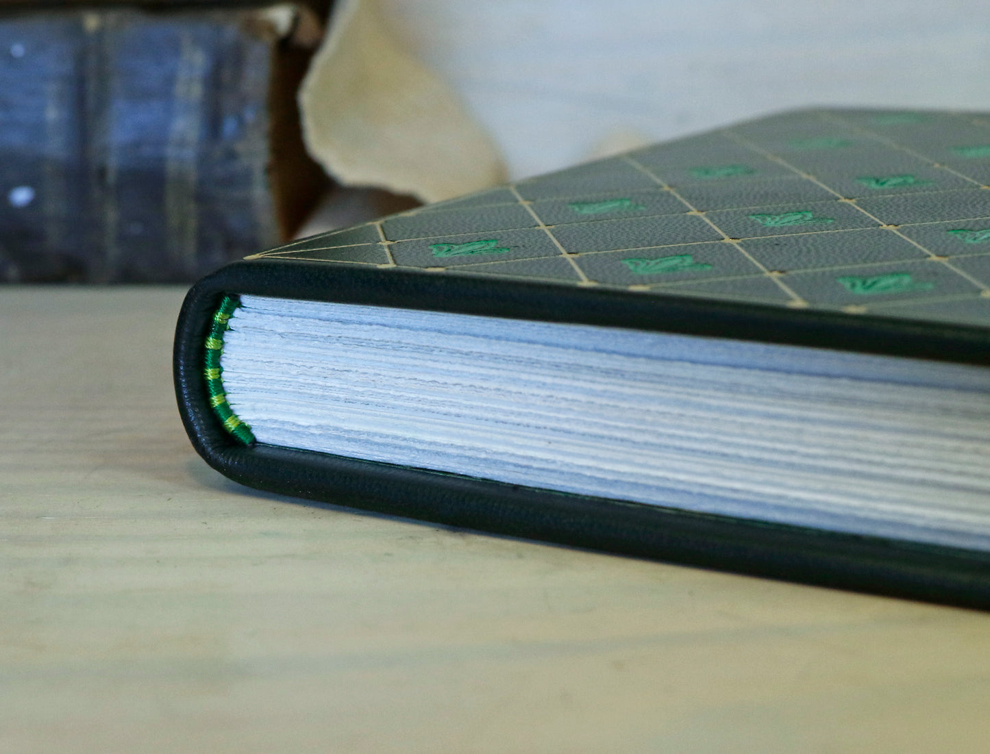 Dark Green Leather Journal with gold and green tooled decoration. Emerald Garden