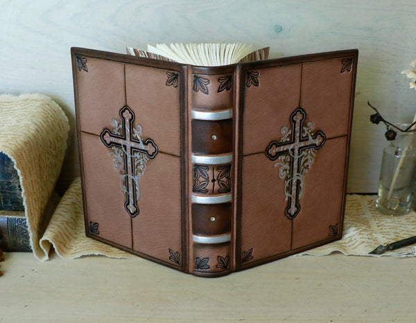Brown leather journal with cross decoration. One of a Kind - Faith