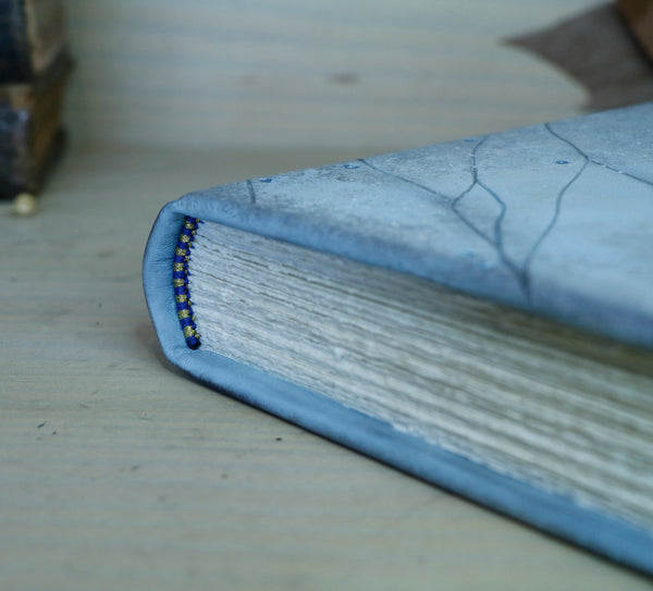 Light blue leather journal with tooled and painted decoration. One of a kind. Azure Mist