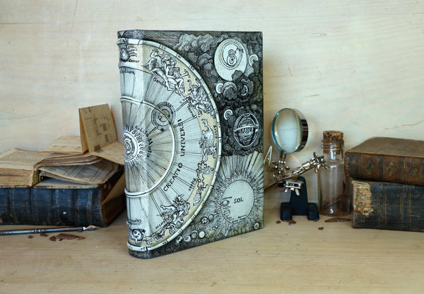 Handpainted Leather Journal, One of a Kind blank book on astrology with Copper Engraved Bookmark - Creatio Universi / The Creation of the Universe