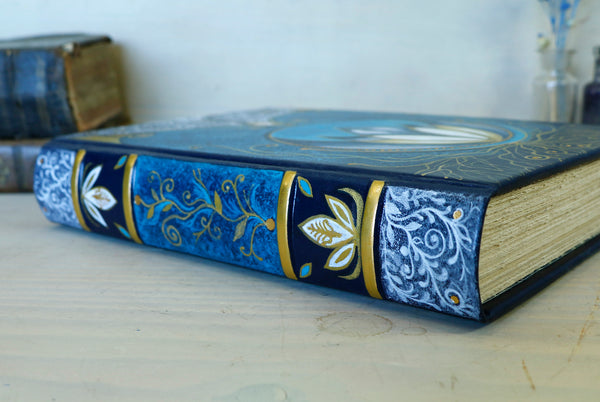 Blue leather journal with Hand painted decoration, Lotus Heart