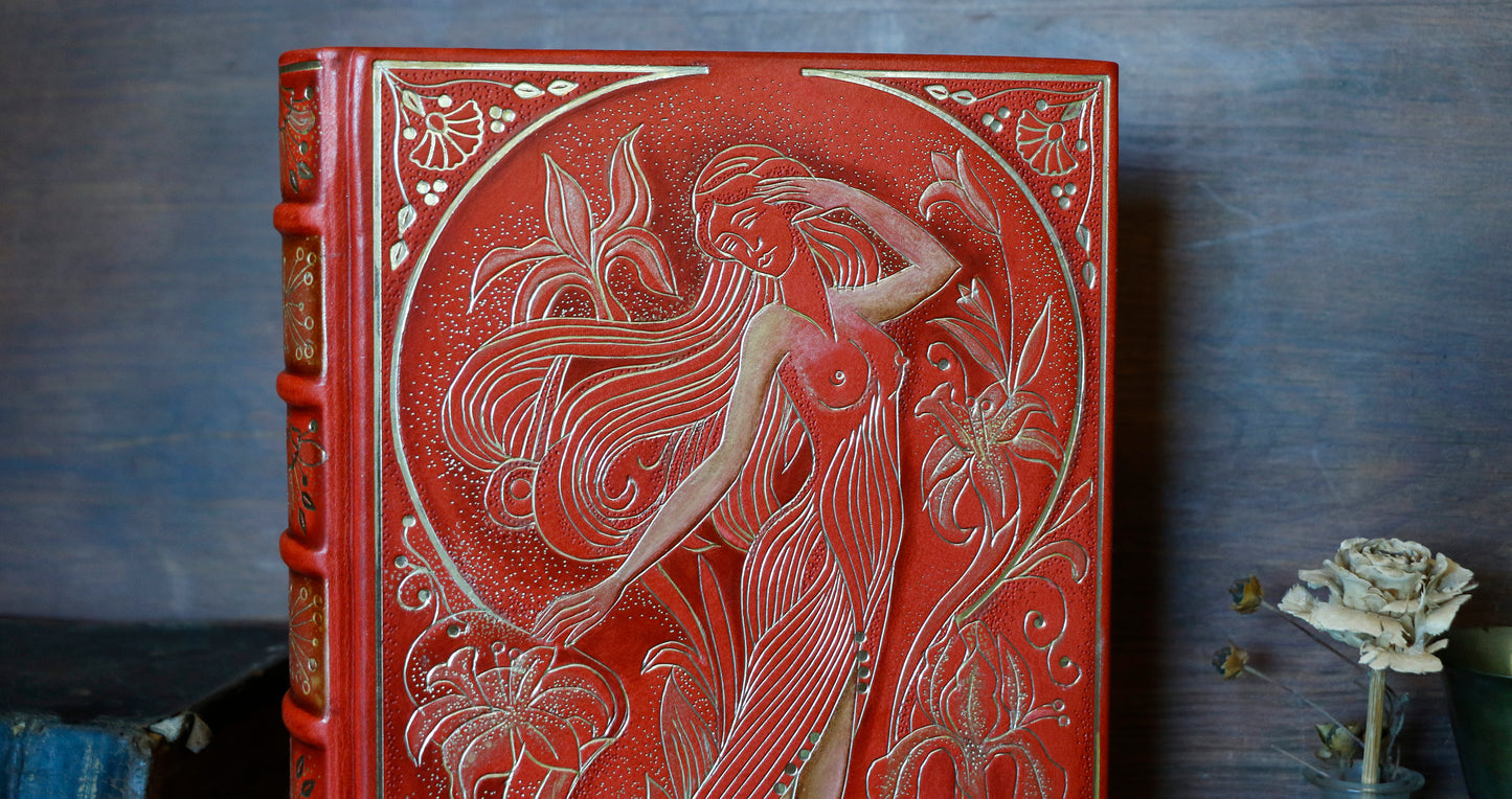 Vermillion Leather Journal, Hand tooled with gold foil, The Nymph's Garden