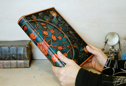 Hand-painted Leather Journal, One of a Kind blank book - Mundus Subterraneus, Internal Fires