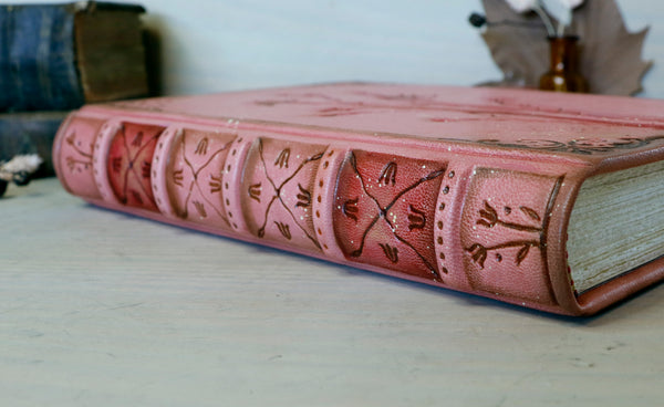 Pink Leather Journal with brown floral decoration. La Vie en Rose