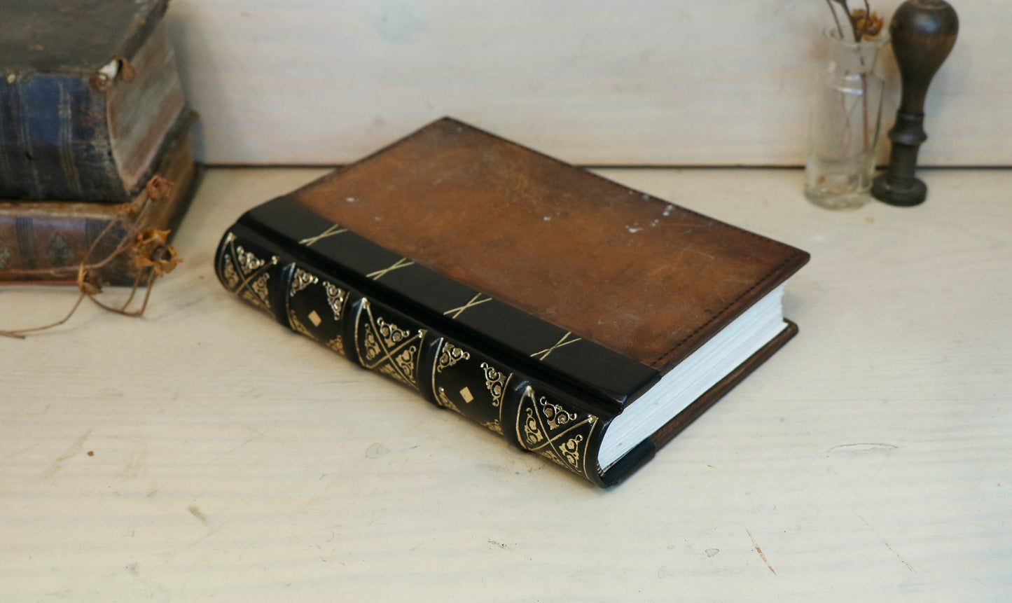 Vintage leather journal, Gold tooled decoration. The Old Book