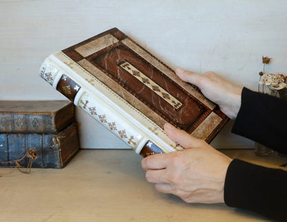 Brown Red Leather Journal with Tooled Decoration, White leather spine - Sienna Sunset