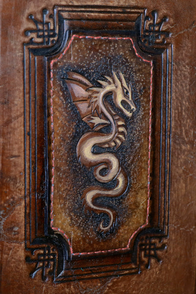 Large vintage leather journal, Tooled decoration with Dragon and Sword. Tea stained pages. "The Force within You"