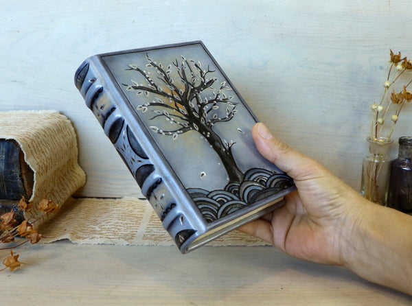 Antiqued grey leather journal with tooled decoration. The Silver Tree. One of a Kind