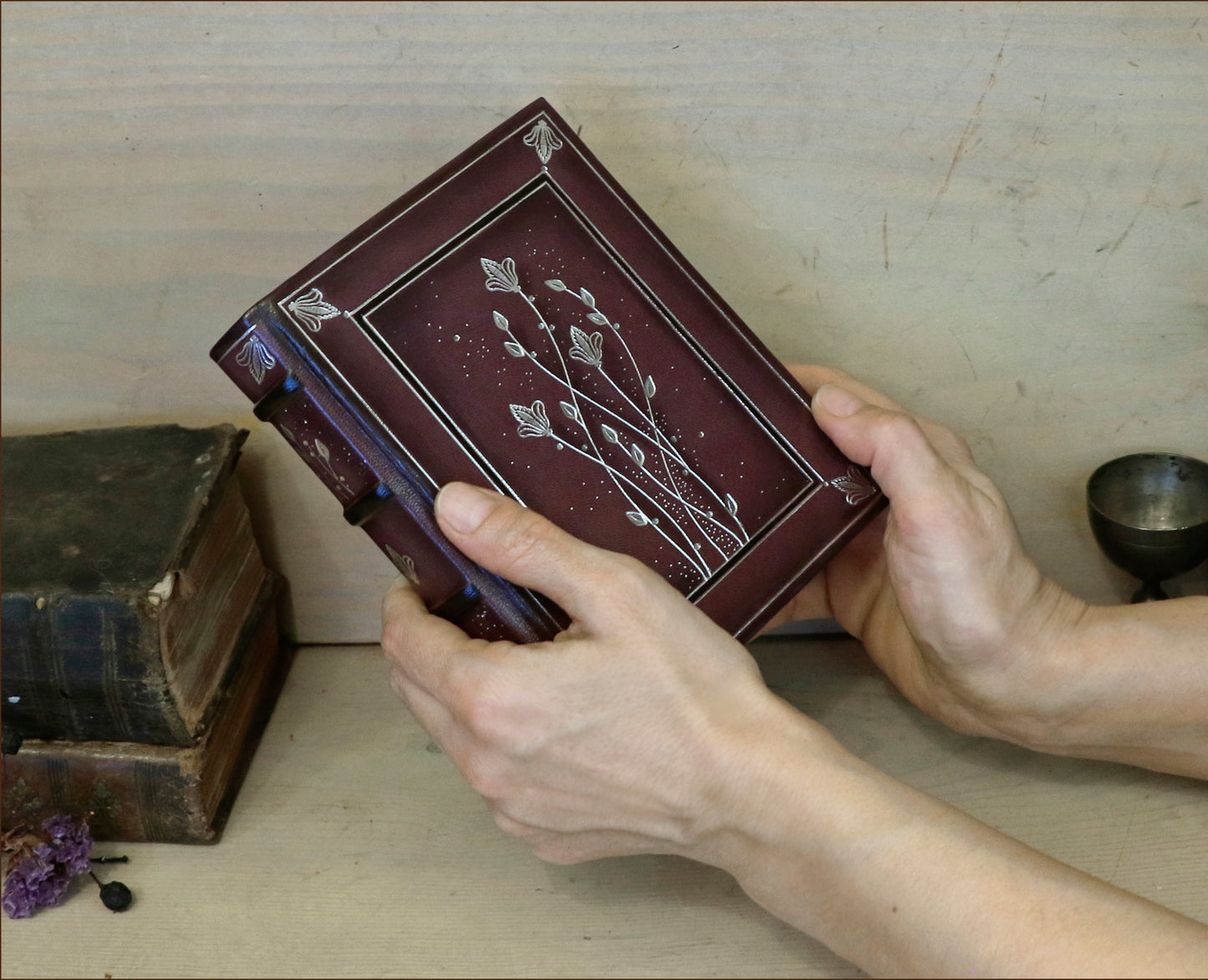 Burgundy Leather Journal with Silver Tooled Decoration. Silver Moon Bloom. One of a Kind