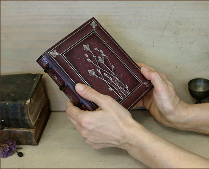 Burgundy Leather Journal with Silver Tooled Decoration. Silver Moon Bloom. One of a Kind