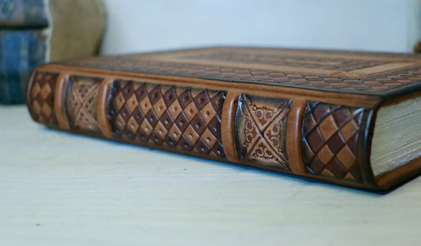 Brown Leather Journal / Large Blank Book, Tooled Decoration - The Mystery Book