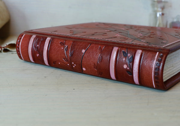 Red Leather Journal with floral decoration. Garden of Life