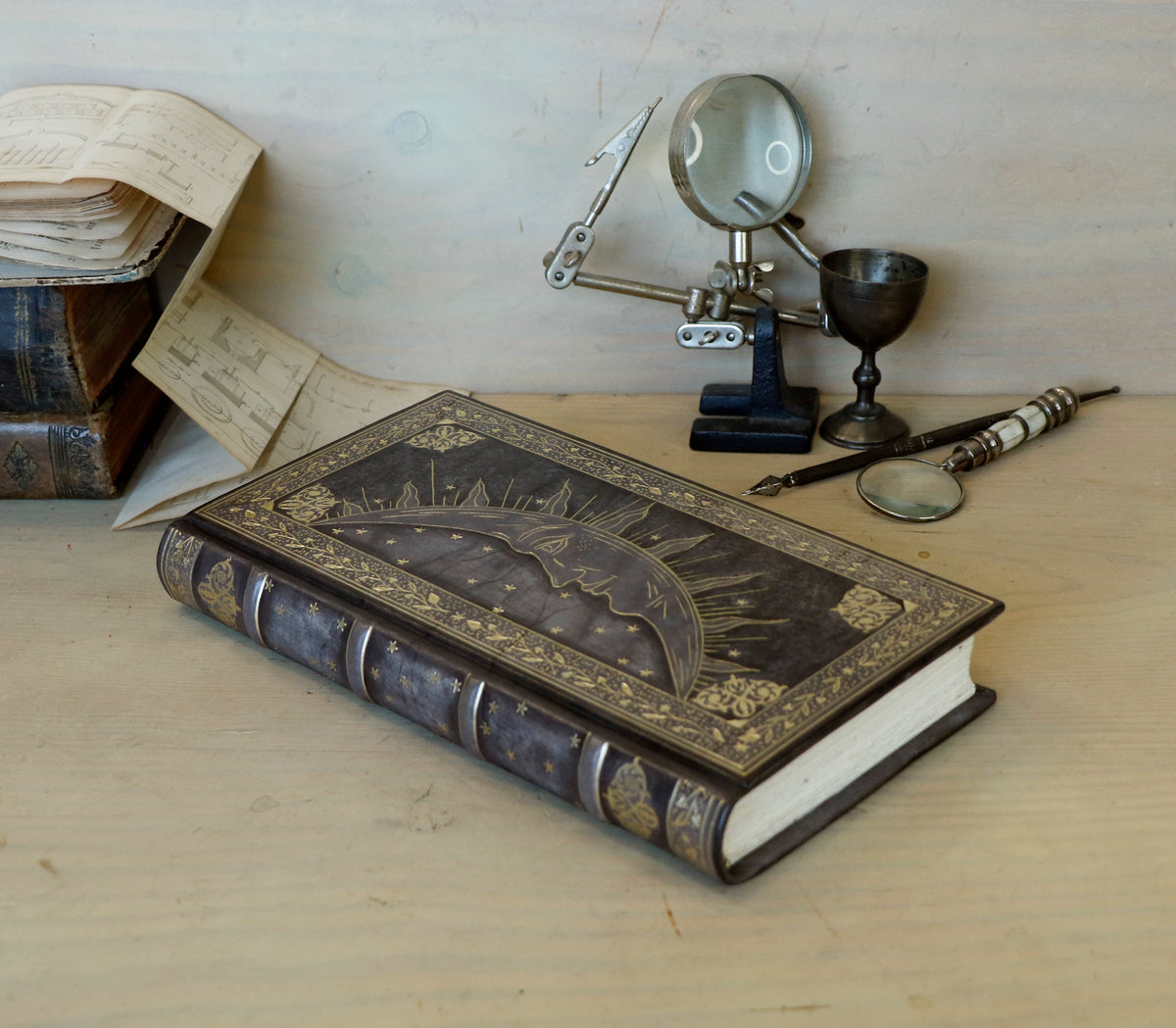 Antique Grey Leather Journal with gold decoration. Alchemic Journey. One of a Kind.