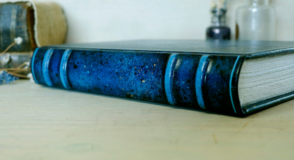 Blue leather journal with handpainted decoration - September Night Skies
