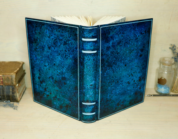 Blue leather journal with hand marbled decoration - Ocean Waves