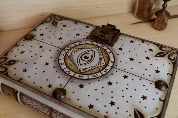 Metallic grey leather journal with tooled decoration, Lockable. The Circle of Time