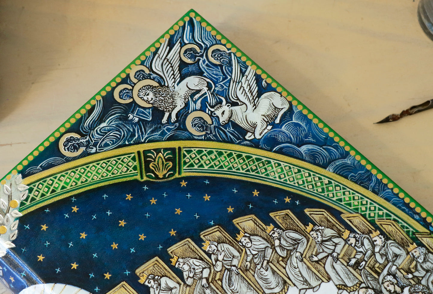 Hand painted blank book, White Leather Journal, Revelation 7, The Heart of the Spiritual Heaven