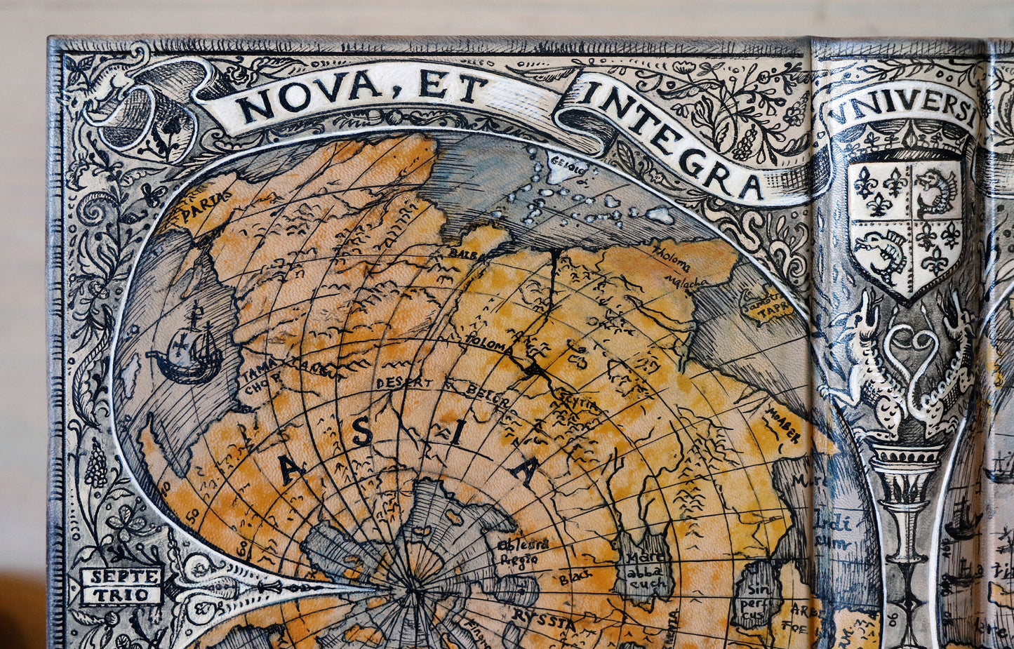 Handpainted leather journal, "Universi Orbis Descriptio", Double Heart Shaped Map Projection, One of a Kind