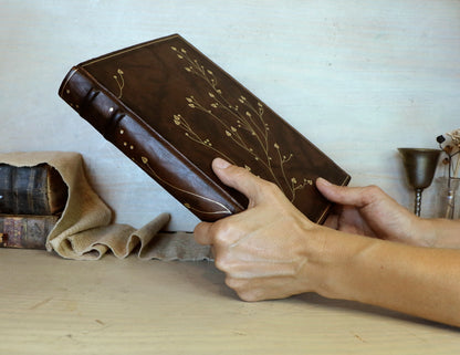 Antiqued Brown Leather Journal with Gold Tooled Decoration, Branches of Memory