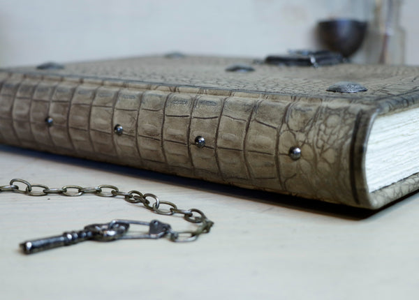 Journal with Lock and Key, Antique Crocodile Textured Leather - "The Collector"