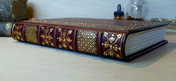 Burgundy leather journal with hand tooled gold decoration, Precious Moments