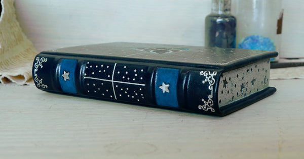 Dark blue leather journal with Silver tooled decoration and Painted edges - Magic Triquetra