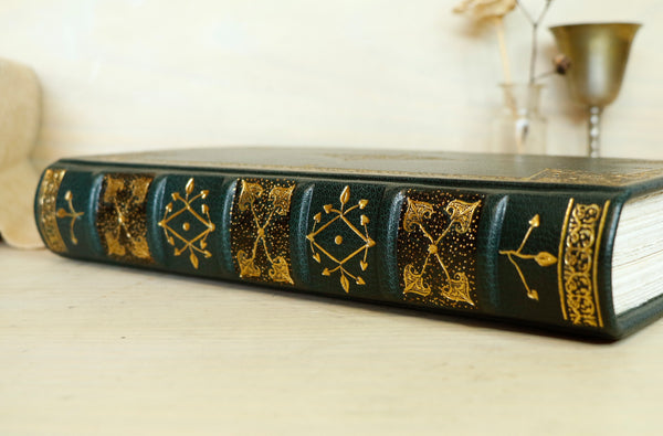 Dark Green Leather Journal with gold floral decoration. Romantic Journey