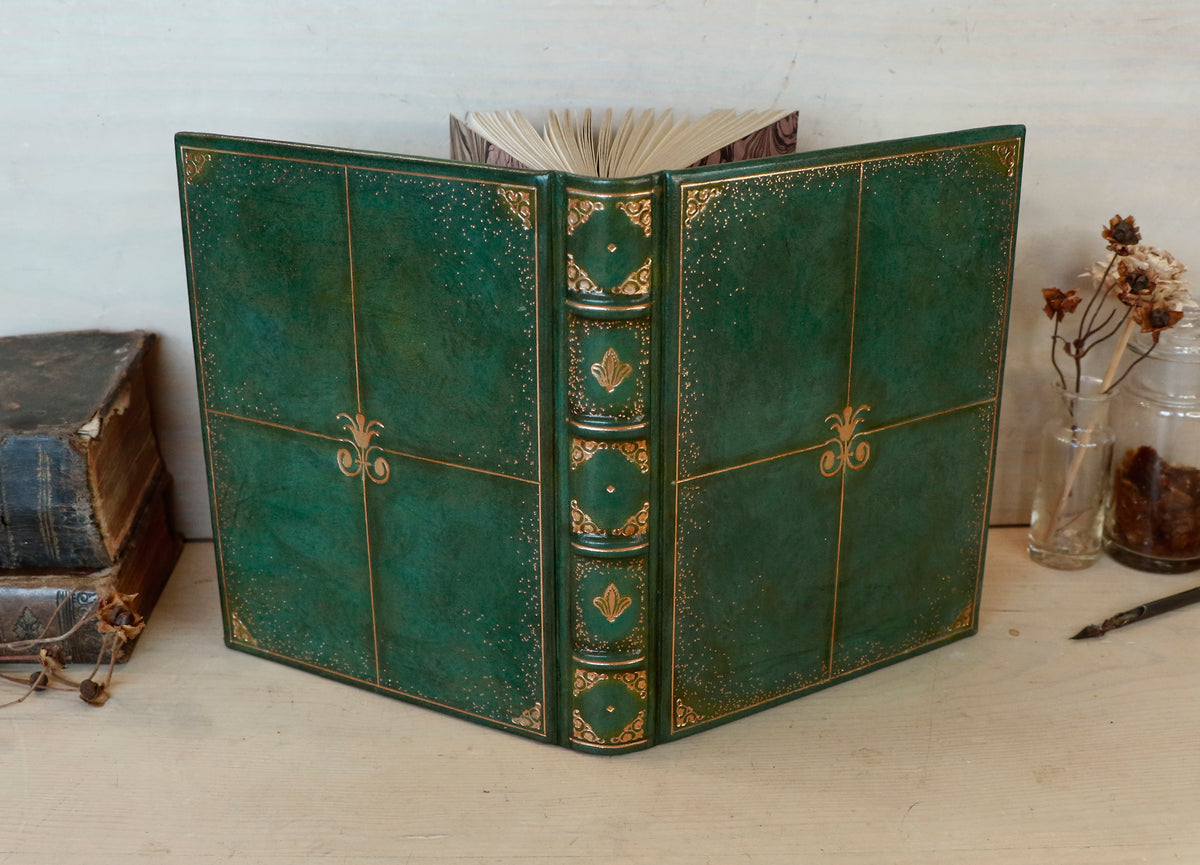 Green Leather Journal with gold tooled decoration and Gilded Edges. The Gilded Garden