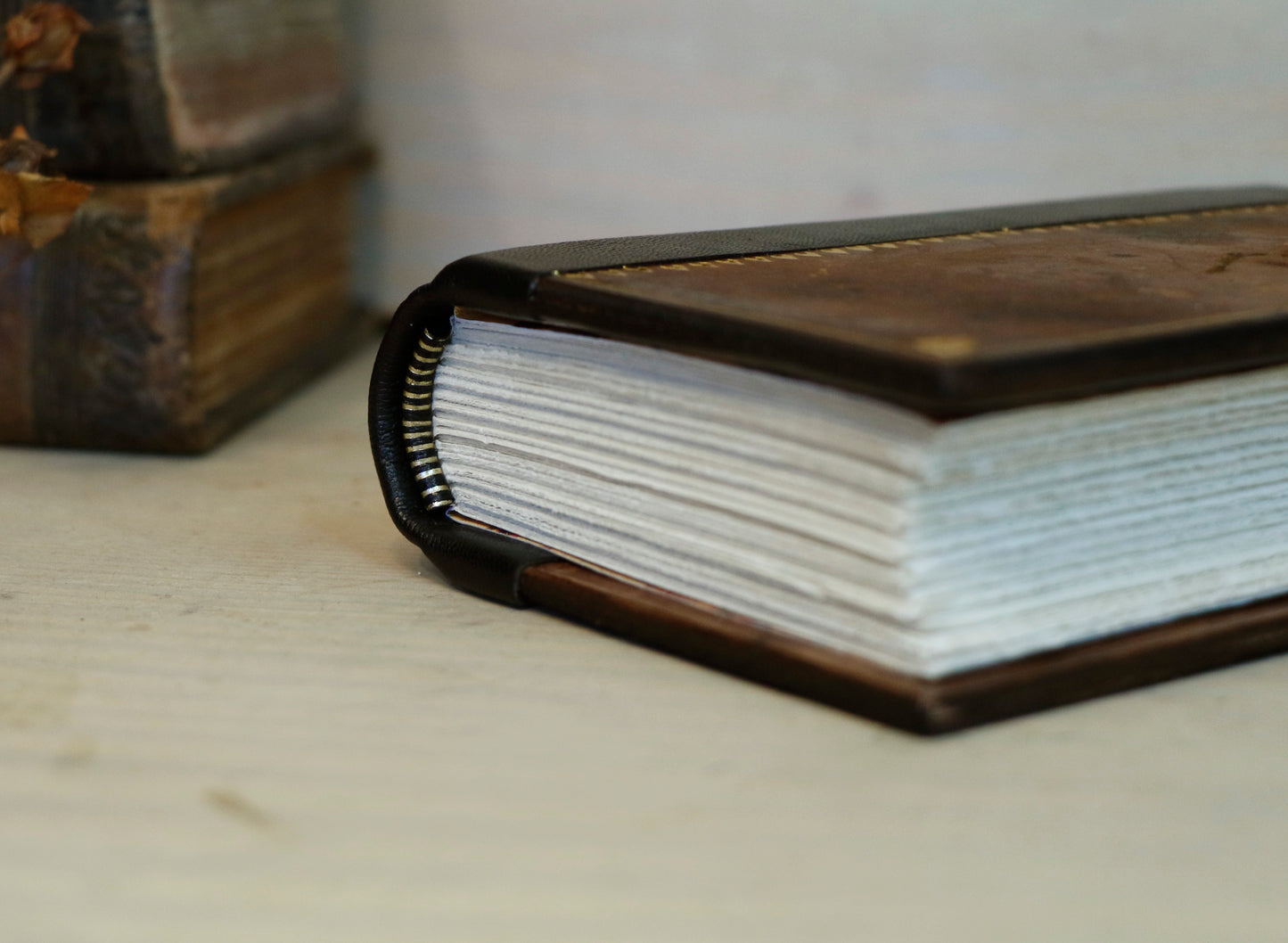Small Vintage Leather Journal, Worn brown leather with Gold tooled decoration, Always Remember