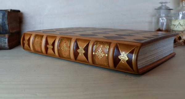 Leather Journal / Blank Book, Light brown with dark brown diamond checker pattern, Gold Tooled Decoration