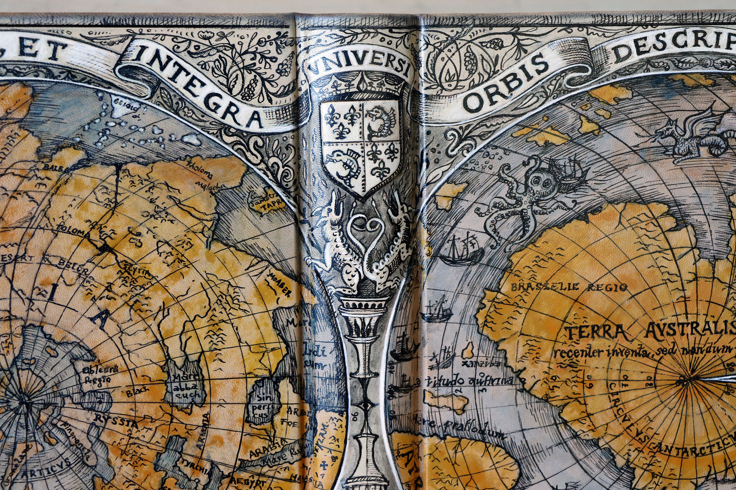 Handpainted leather journal, "Universi Orbis Descriptio", Double Heart Shaped Map Projection, One of a Kind