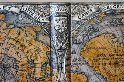 Handpainted leather journal, "Universi Orbis Descriptio", Double Heart Shaped Map Projection, One of a Kind