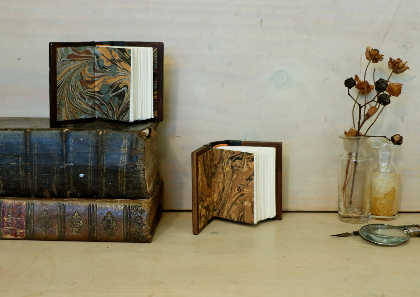 Miniature leather journals, Set of 2 tiny books. Vintage Duo