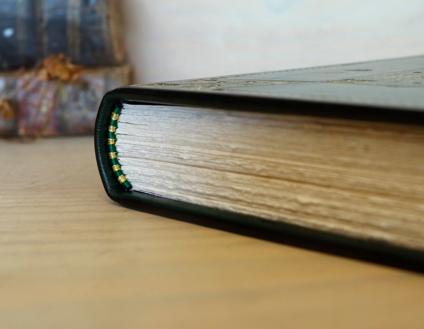 Dark Green Leather Journal with Gold Tooled Decoration. Romantic Journey