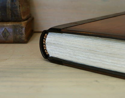 Antiqued leather journal, brown leather, Gold tooled decoration. Once Upon a Time