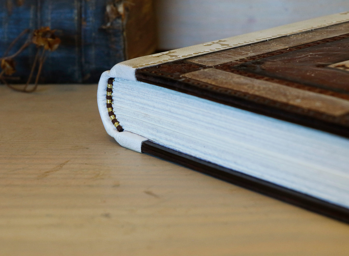 Brown Red Leather Journal with Tooled Decoration, White leather spine - Sienna Sunset