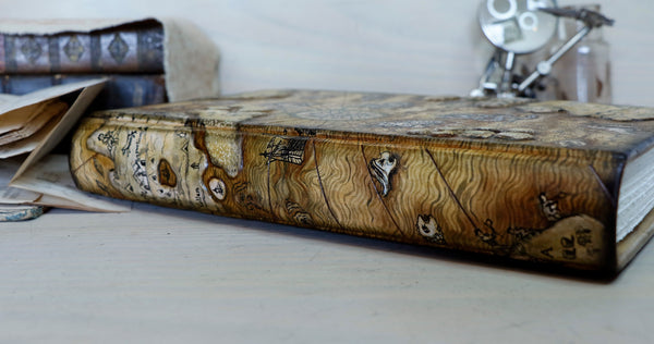 Handpainted leather journal, Artist paper, "Carta Marina". One of a Kind