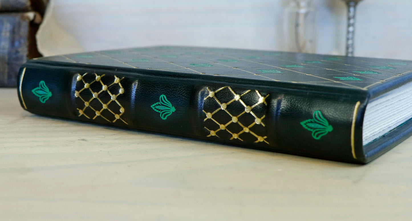 Dark Green Leather Journal with gold and green tooled decoration. Emerald Garden