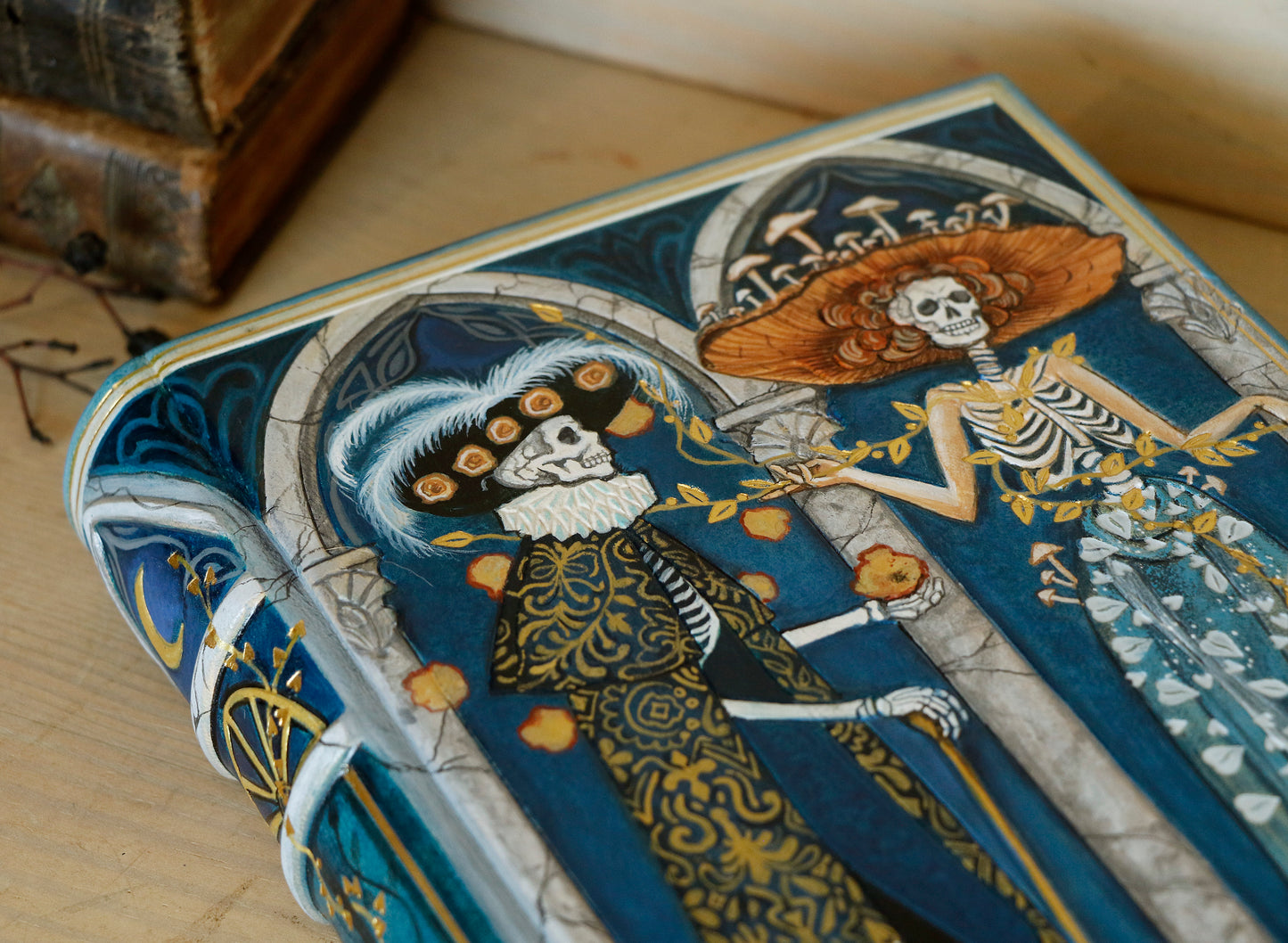 Handpainted Leather Journal / Blank Book with Original Artwork - A Dance Macabre of the Feminine Devine. One of a Kind