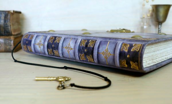Leather Journal with Lock and Key, Romantic diary, Gold decoration, "Purple Dreams"