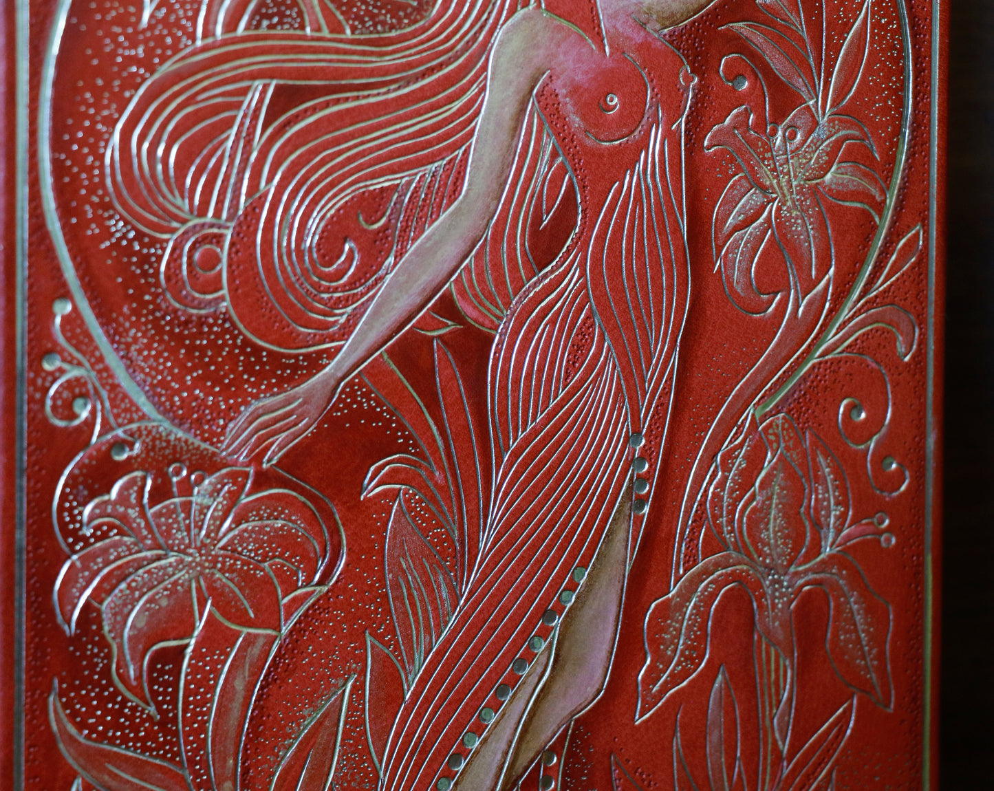 Vermillion Leather Journal, Hand tooled with gold foil, The Nymph's Garden