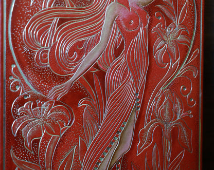 Vermillion Leather Journal, Hand tooled with gold foil, The Nymph's Garden