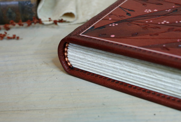Red Leather Journal with floral decoration. Garden of Life