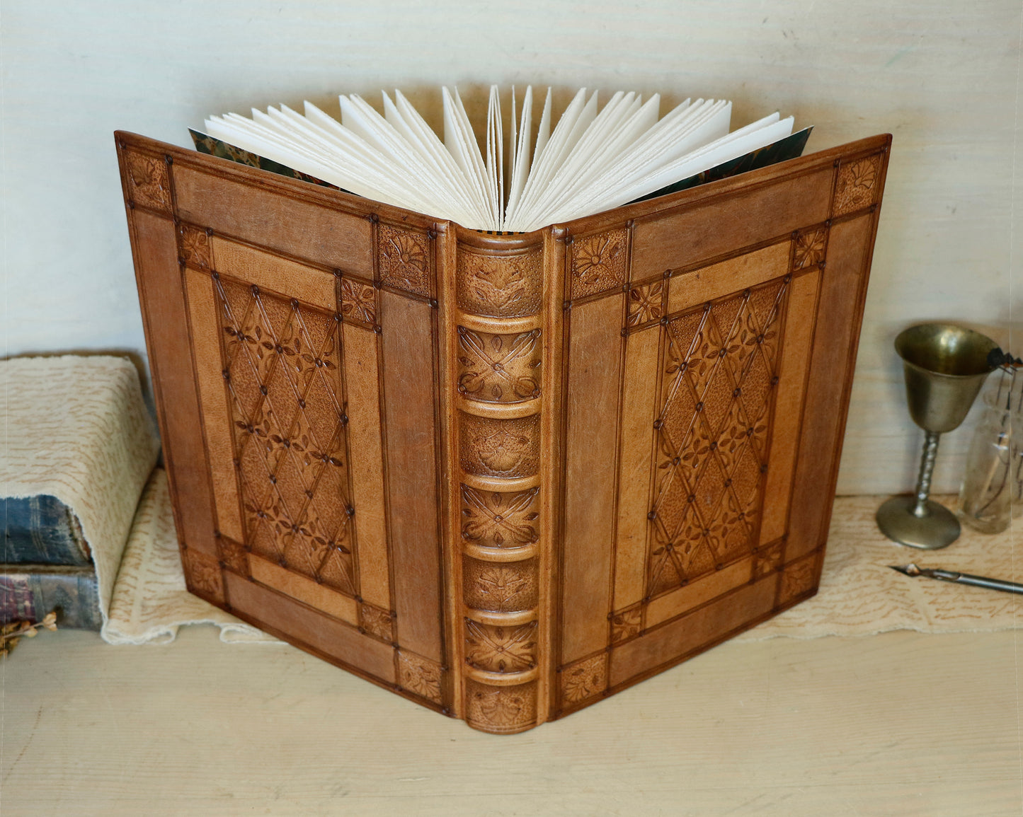 Antiqued Brown Leather Journal with Blind Tooled Decoration, Eternal Autumn