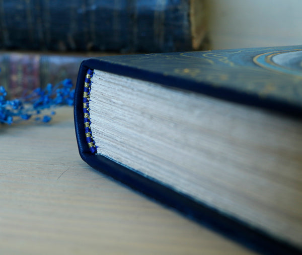 Blue leather journal with Hand painted decoration, Lotus Heart